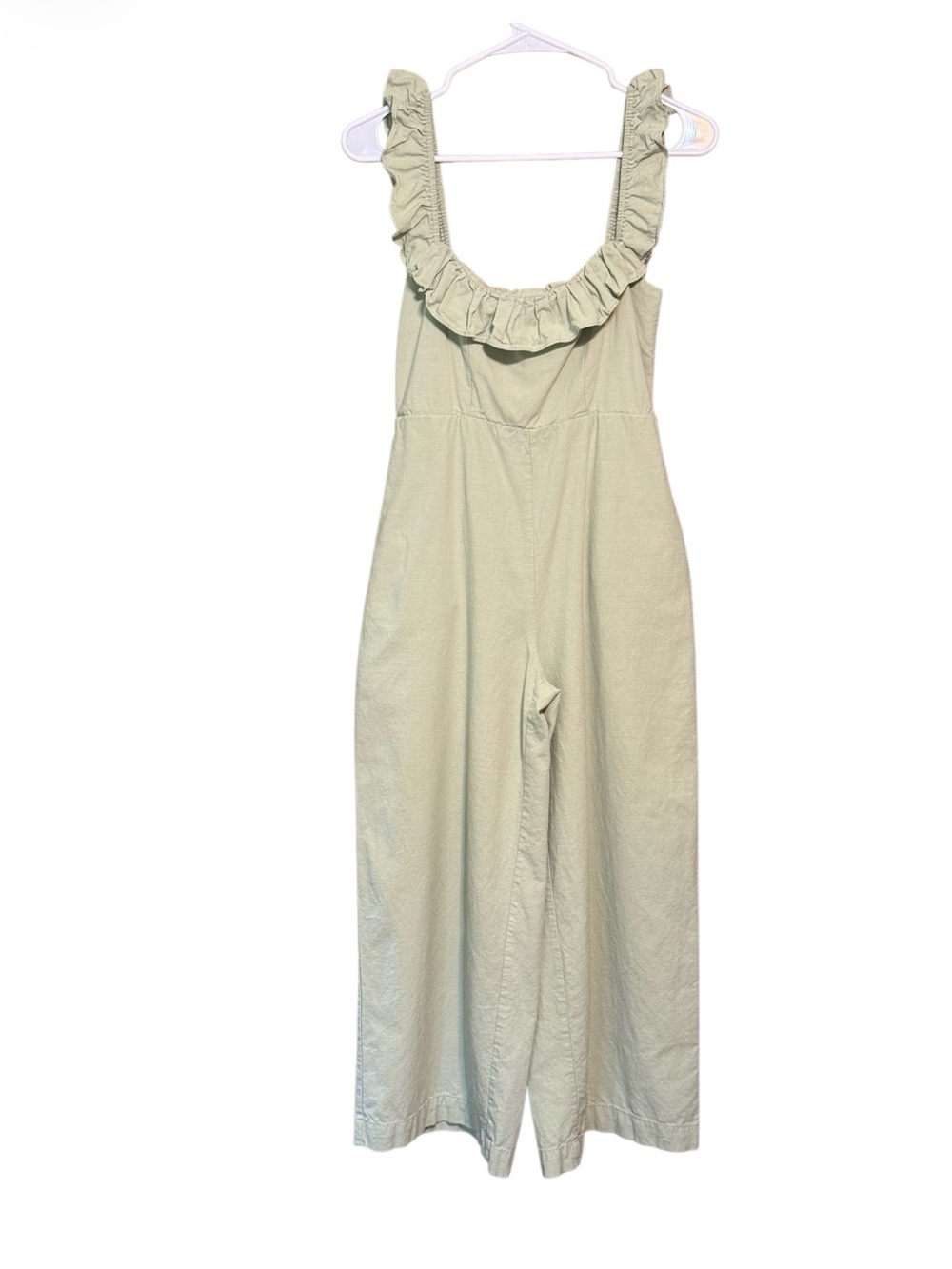 Mable Sage Green Cropped Wide Leg Jumpsuit Ruffle Strap Linen Blend M - Picture 2 of 3